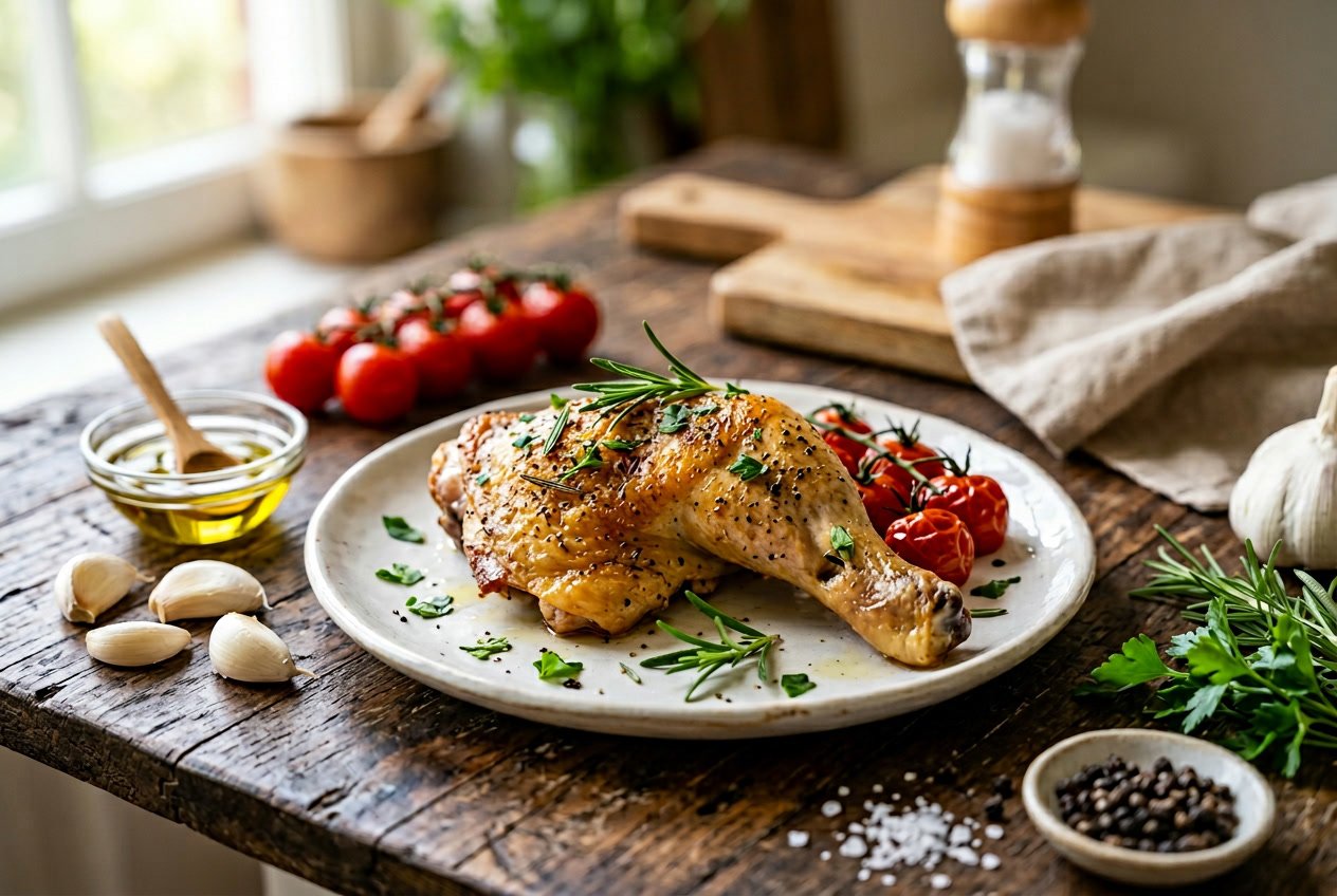 A cooked chicken thigh on a white plate garnished with fresh herbs, surrounded by garlic, cherry tomatoes, and olive oil on a wooden table.