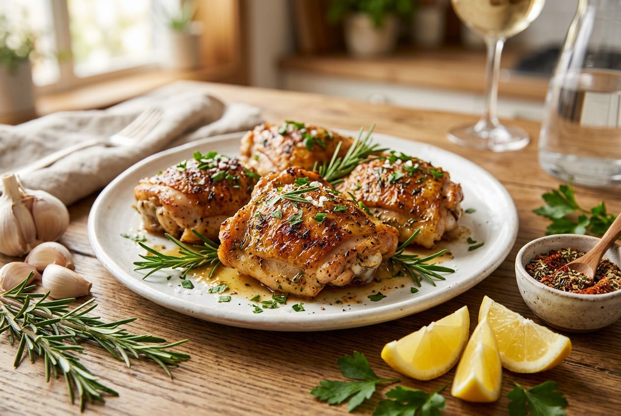 Close-up of cooked chicken thighs garnished with fresh herbs on a white plate, surrounded by garlic, lemon wedges, and spices.
