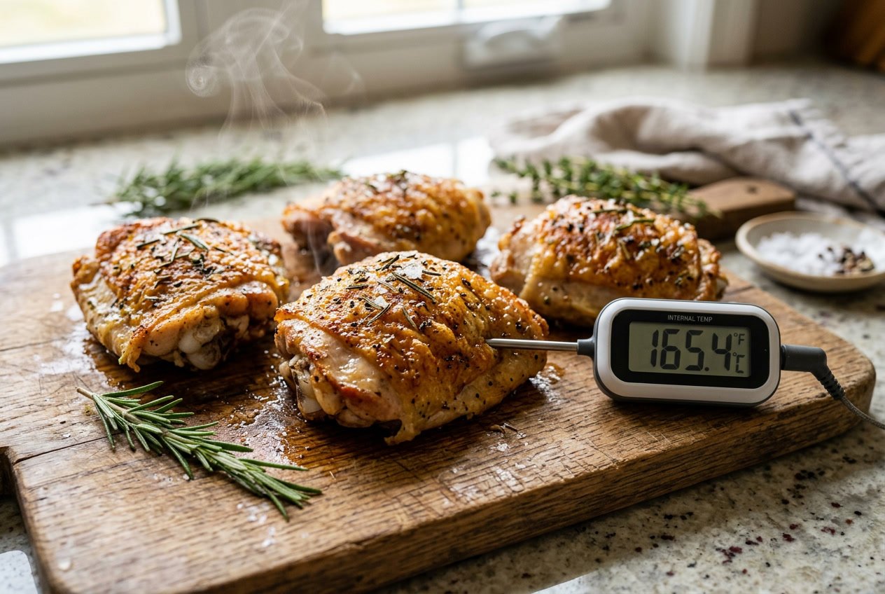 Cooked chicken thighs on a cutting board with a digital meat thermometer inserted, surrounded by fresh herbs.