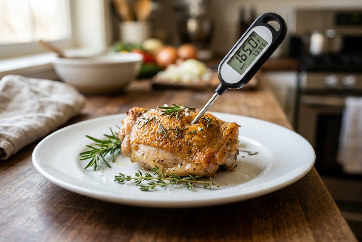 A cooked chicken thigh on a white plate with a food thermometer showing the safe internal temperature.