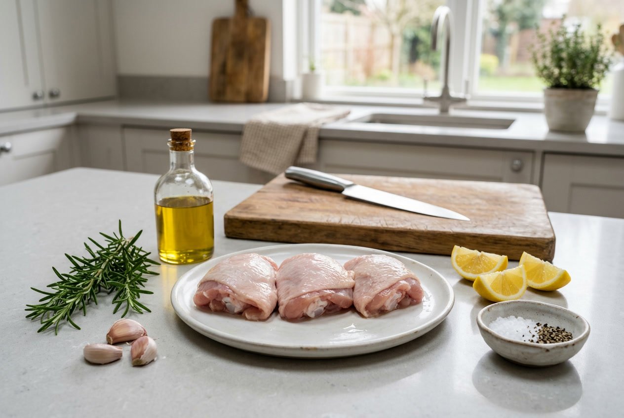 Three raw chicken thighs on a plate surrounded by fresh herbs, garlic, lemon wedges, and cooking ingredients on a kitchen countertop.