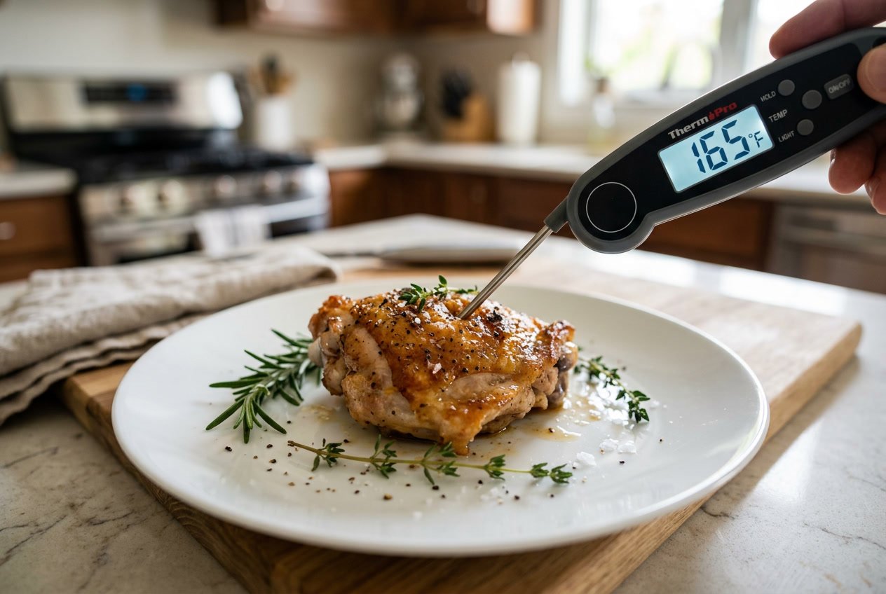 Close-up of a cooked chicken thigh with a digital meat thermometer inserted, resting on a plate with fresh herbs.
