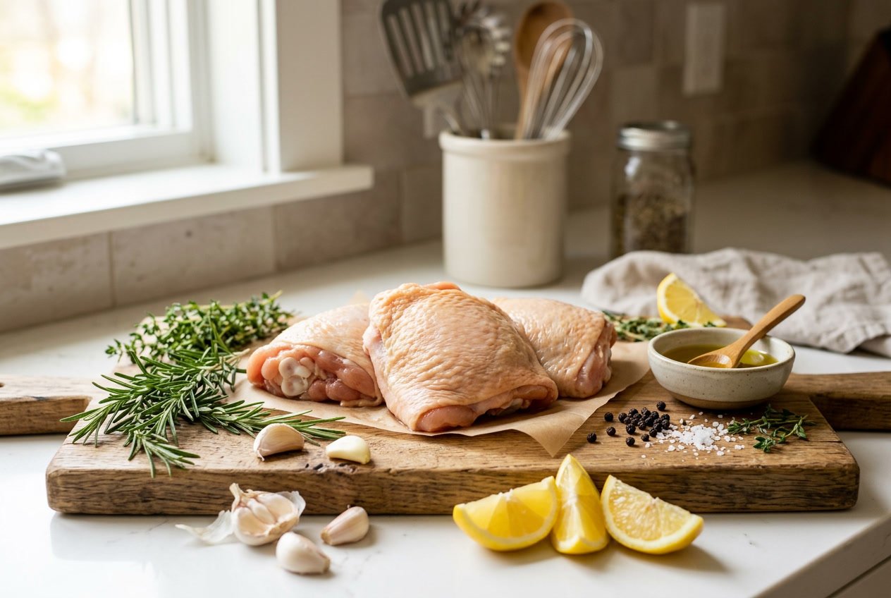 Three raw chicken thighs on a wooden cutting board with fresh herbs, garlic, and lemon wedges in a kitchen.