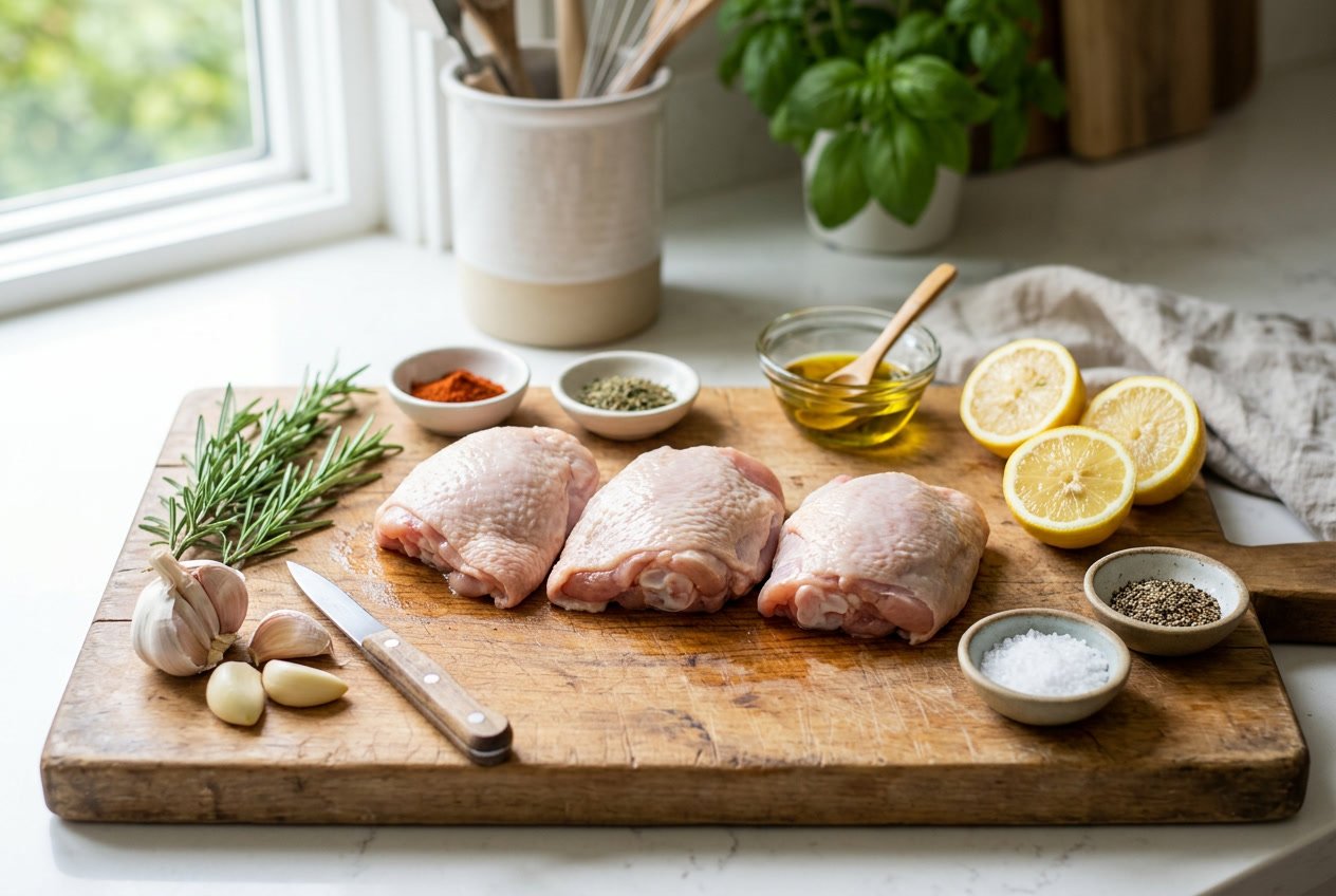 Three raw chicken thighs on a wooden cutting board surrounded by fresh herbs, garlic, lemon, olive oil, and spices on a kitchen countertop.