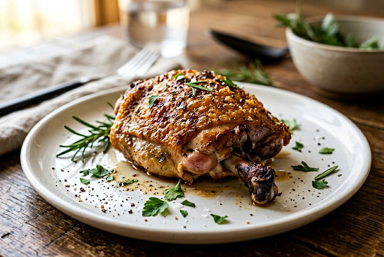 Close-up of a cooked chicken thigh on a plate with herbs, showing slight pink near the bone.