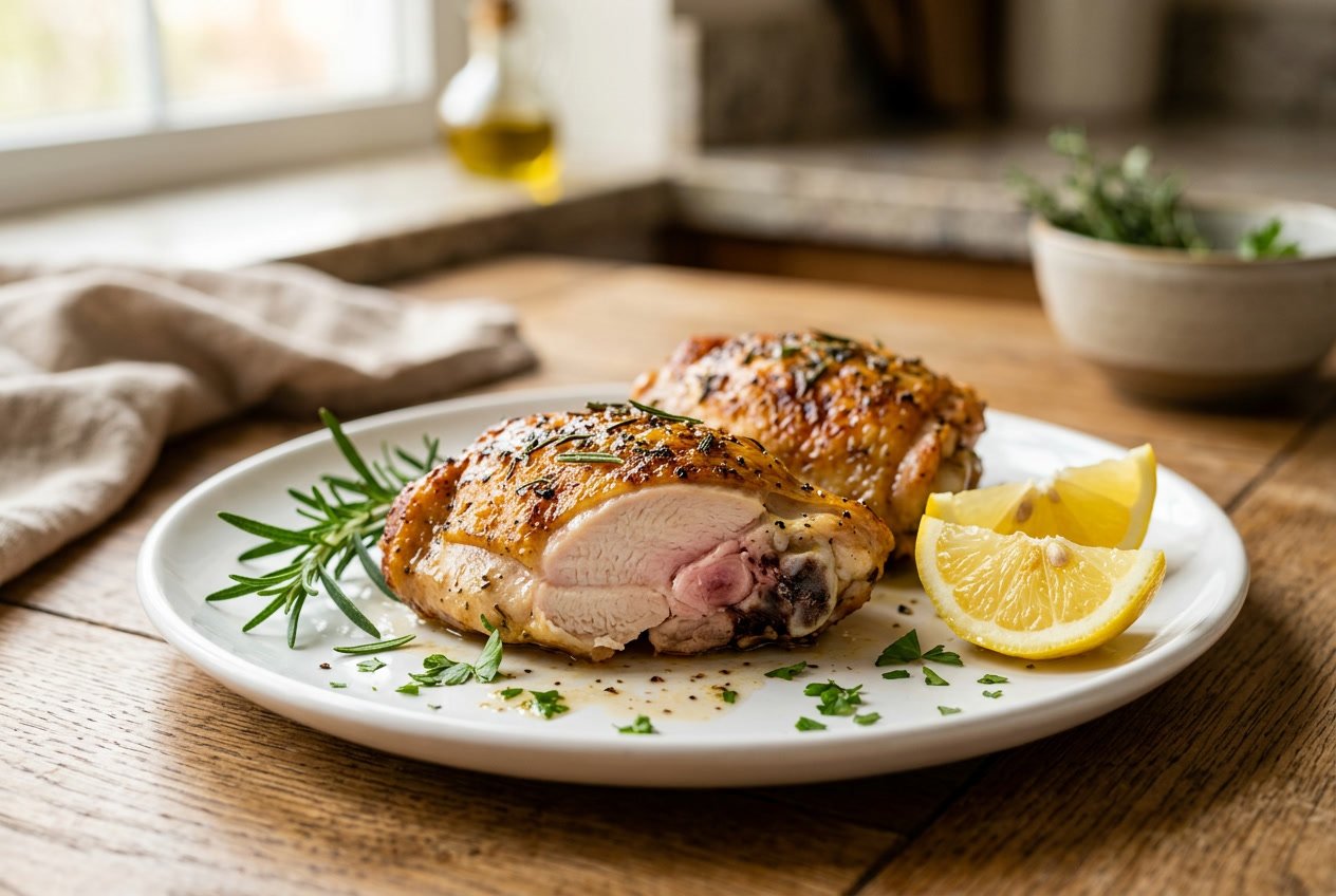 Cooked chicken thighs on a white plate garnished with herbs and lemon wedges.