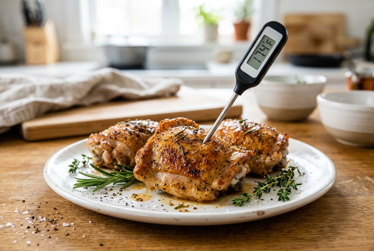 Close-up of cooked chicken thighs on a plate with a food thermometer inserted, showing a safe internal temperature.