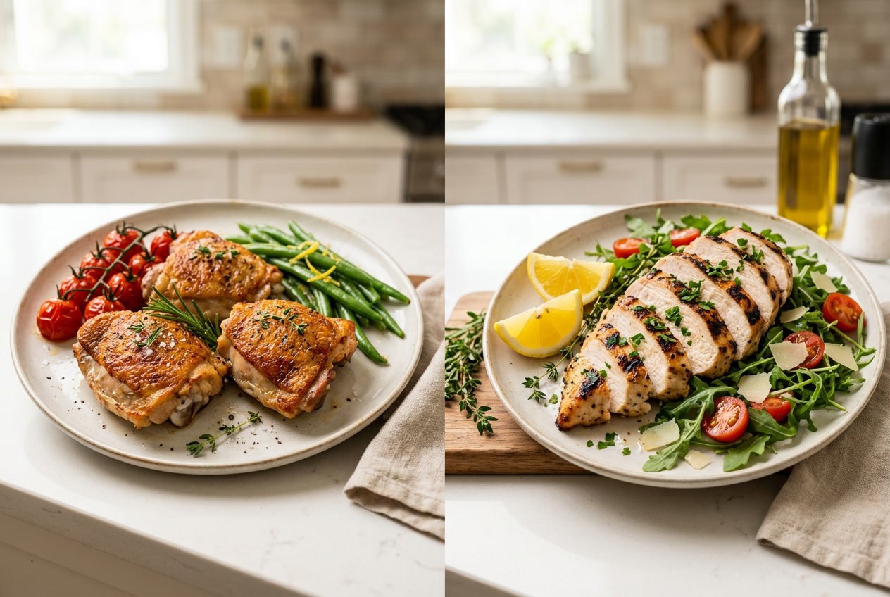 Two plates on a kitchen countertop, one with cooked chicken thighs and the other with grilled chicken breasts, both garnished with fresh herbs and surrounded by fresh vegetables.
