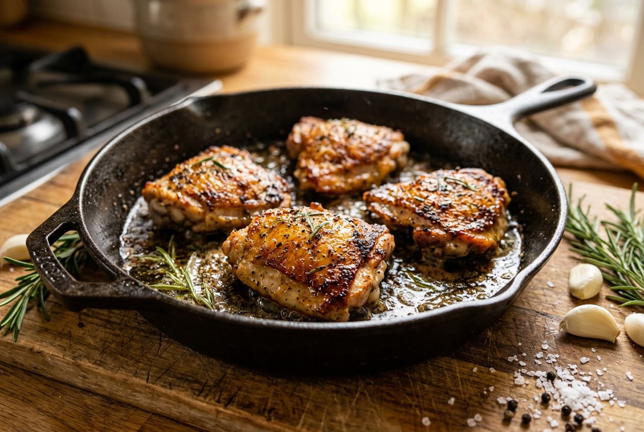 Close-up of crispy skinless chicken thighs cooking in a skillet with fresh herbs and garlic nearby.