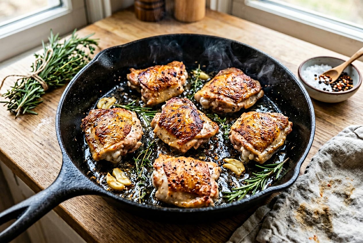 Close-up of skinless chicken thighs browning in a skillet with herbs and garlic nearby on a wooden countertop.