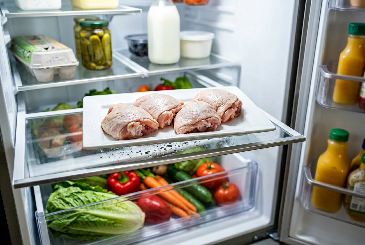 Raw chicken thighs on a plate inside a well-lit refrigerator with fresh vegetables in the background.