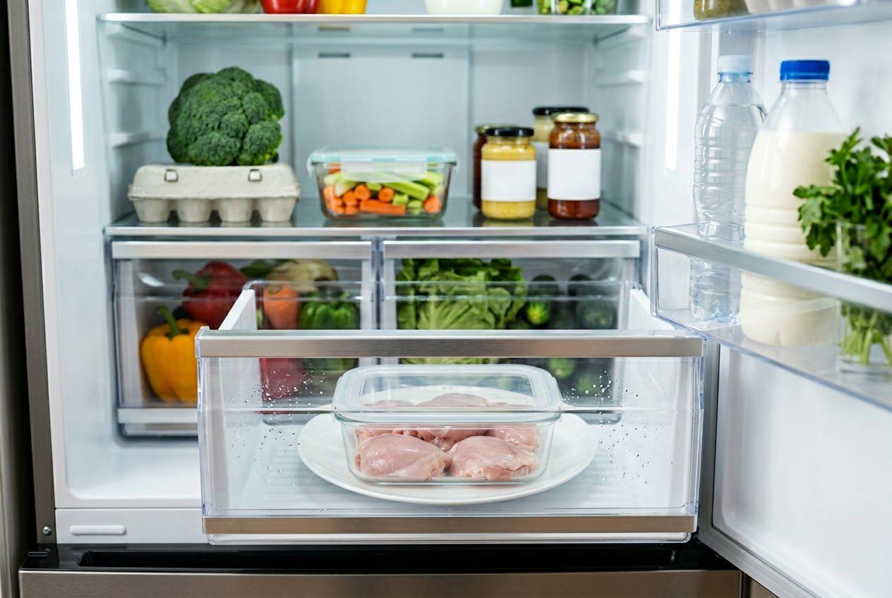 Raw chicken thighs placed on a plate inside a clean refrigerator drawer with fresh vegetables on shelves in the background.