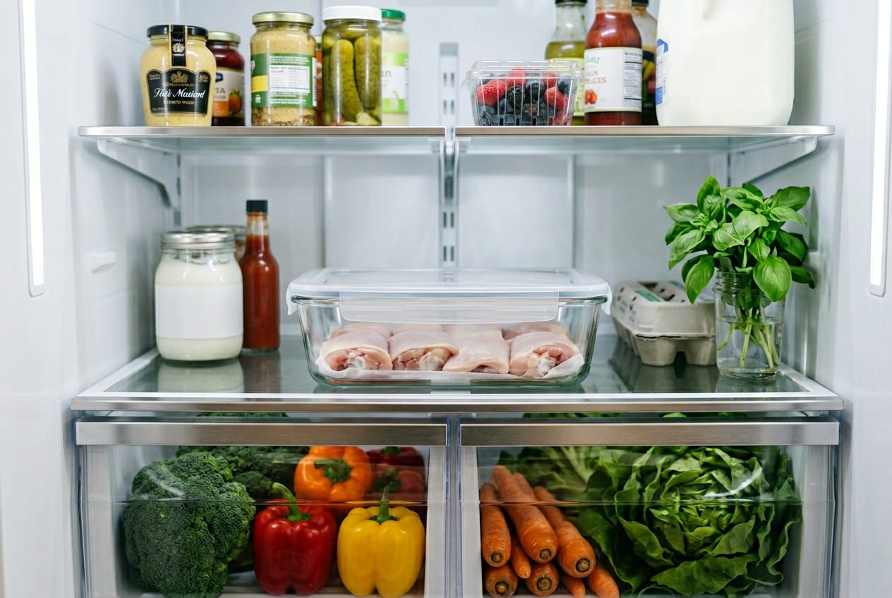 Raw chicken thighs in a glass container inside a clean refrigerator with fresh vegetables on the shelves.