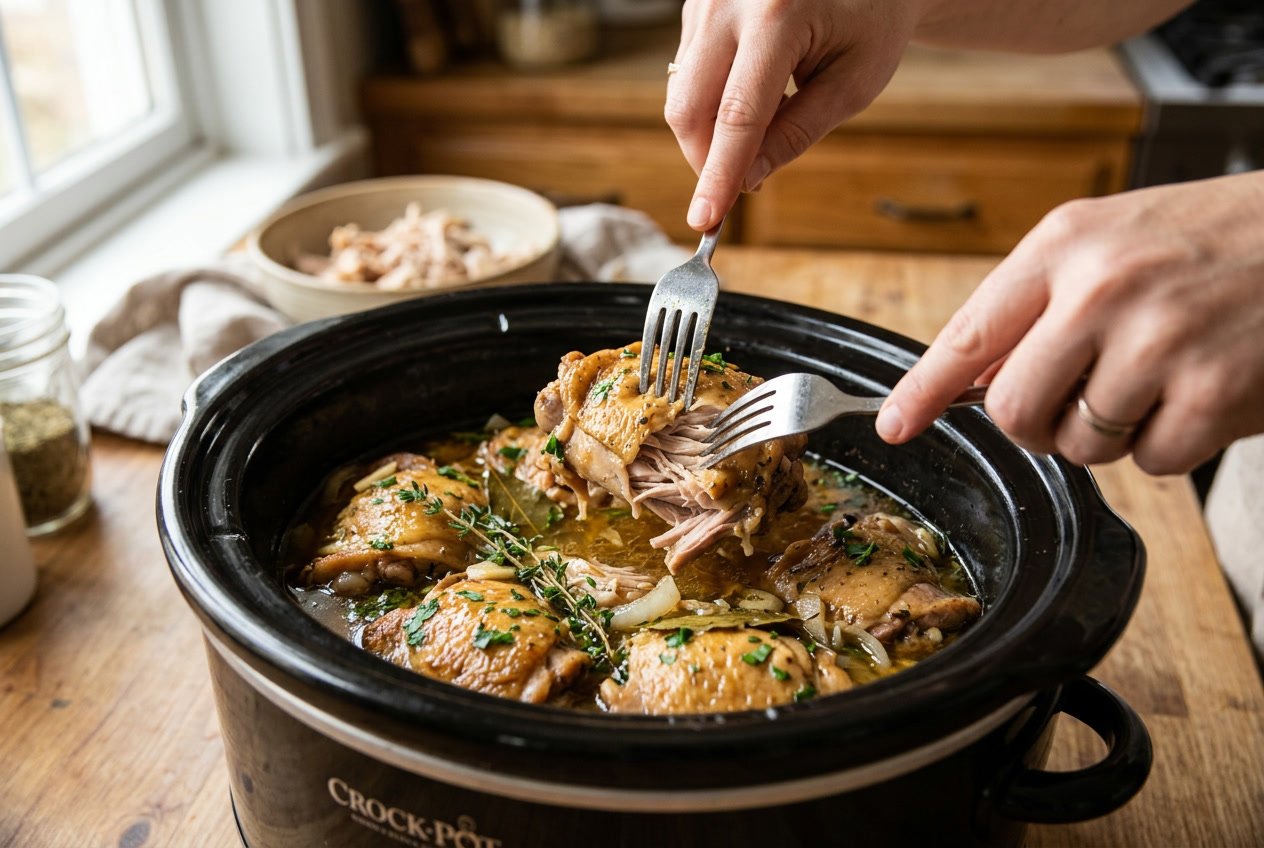 Close-up of cooked chicken thighs being shredded with forks over a slow cooker in a kitchen.