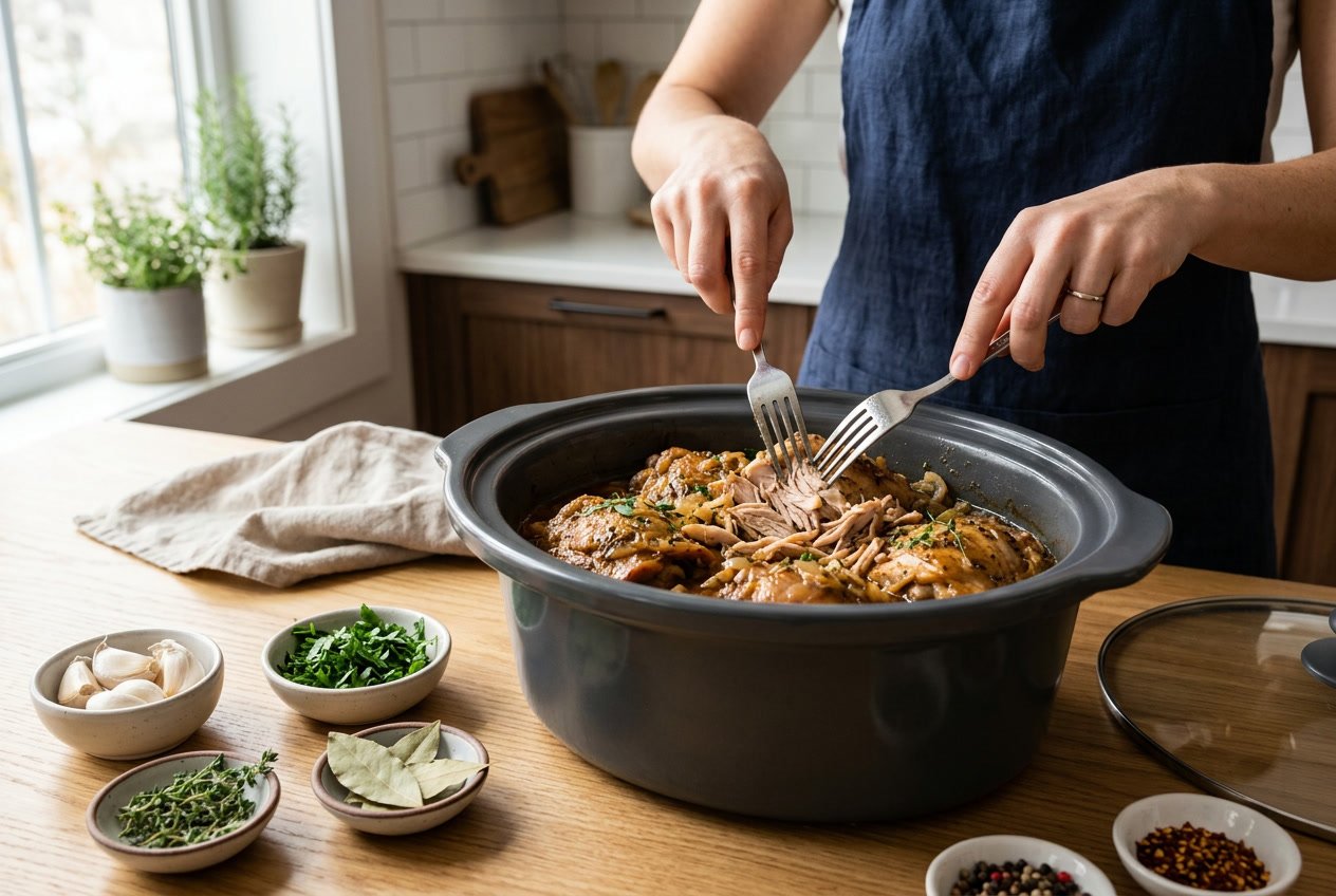 Close-up of cooked chicken thighs being shredded with forks inside a slow cooker on a kitchen countertop with fresh ingredients nearby.