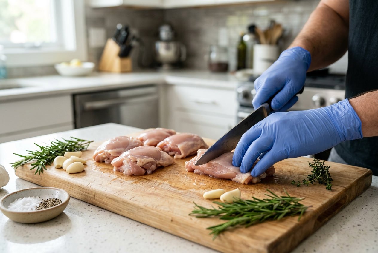 Hands preparing raw chicken thighs on a cutting board with kitchen ingredients nearby.