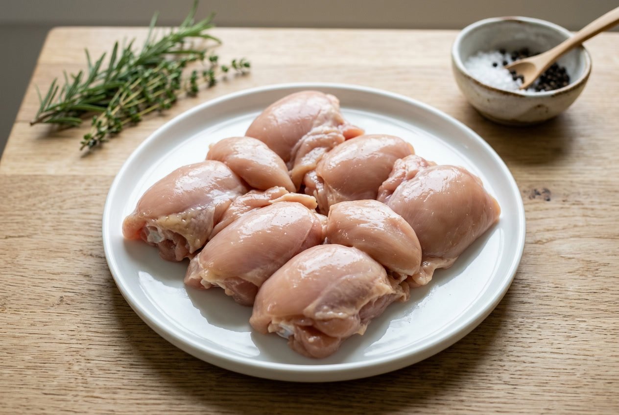 Fresh boneless skinless chicken thighs arranged on a white plate with herbs and salt nearby.