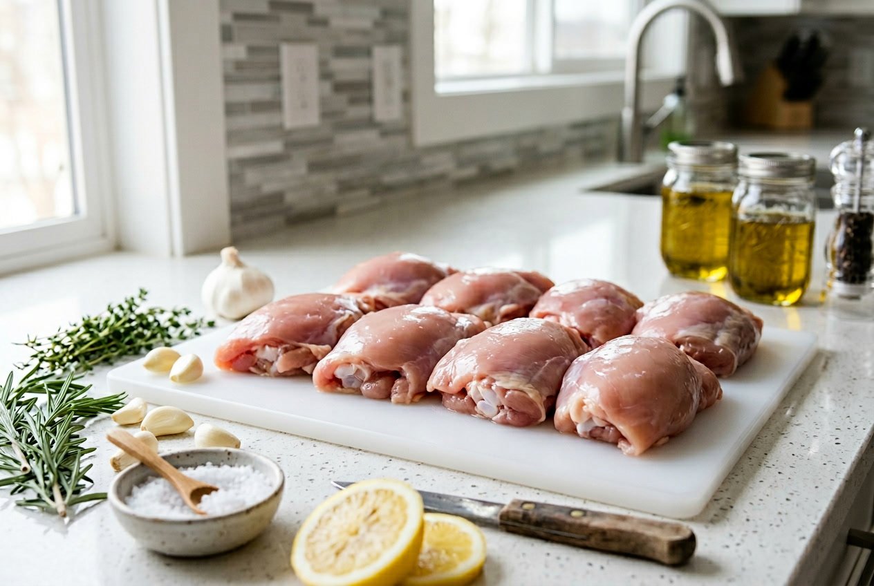 Fresh boneless, skinless chicken thighs arranged on a cutting board with herbs and lemon slices on a kitchen countertop.