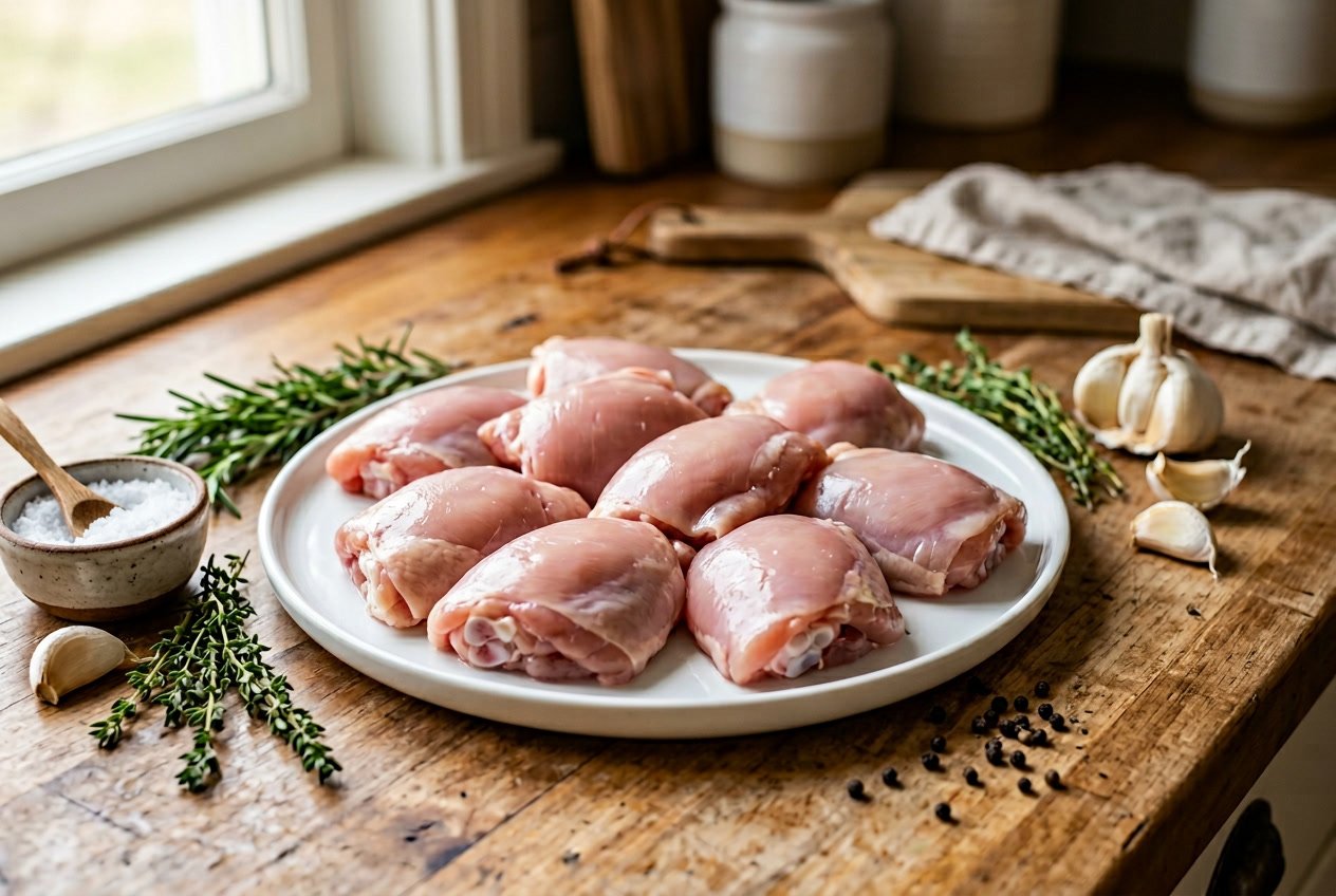 Fresh boneless skinless chicken thighs on a white plate with herbs and garlic on a wooden kitchen countertop.