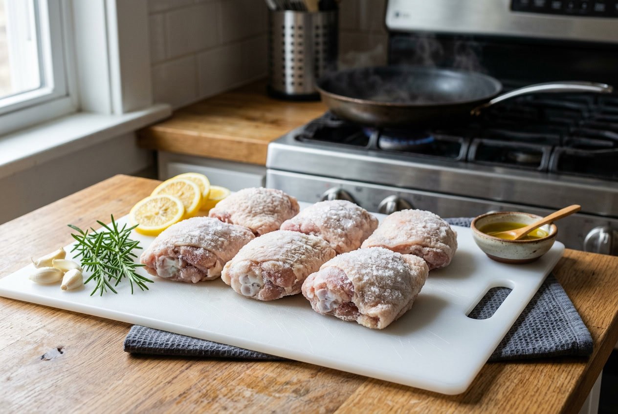 Frozen chicken thighs on a cutting board with fresh ingredients and a stove in the background.