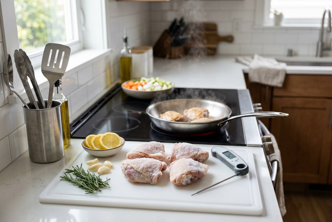 Frozen chicken thighs on a cutting board next to a meat thermometer and fresh herbs in a bright kitchen with a skillet heating on the stove.
