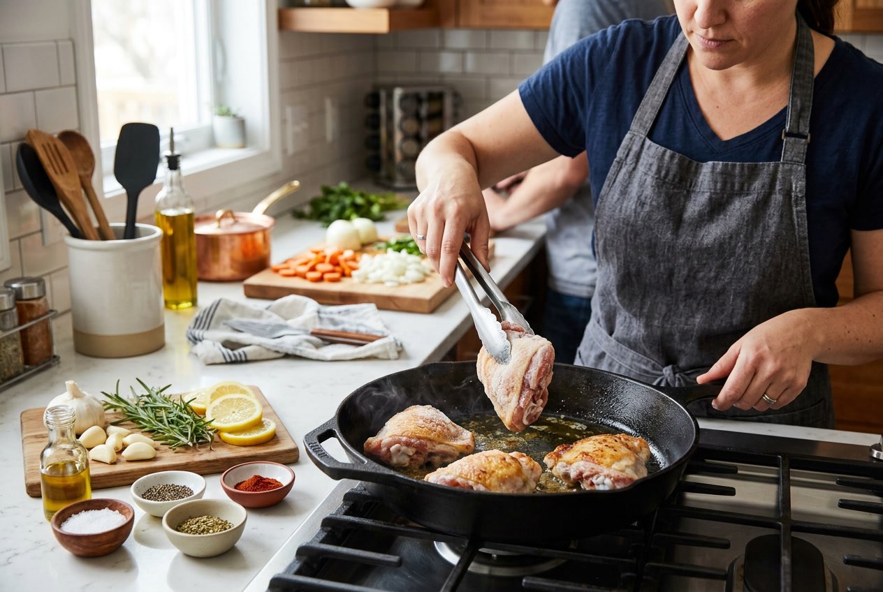 A person cooking frozen chicken thighs in a skillet in a modern kitchen with fresh ingredients and cooking utensils nearby.