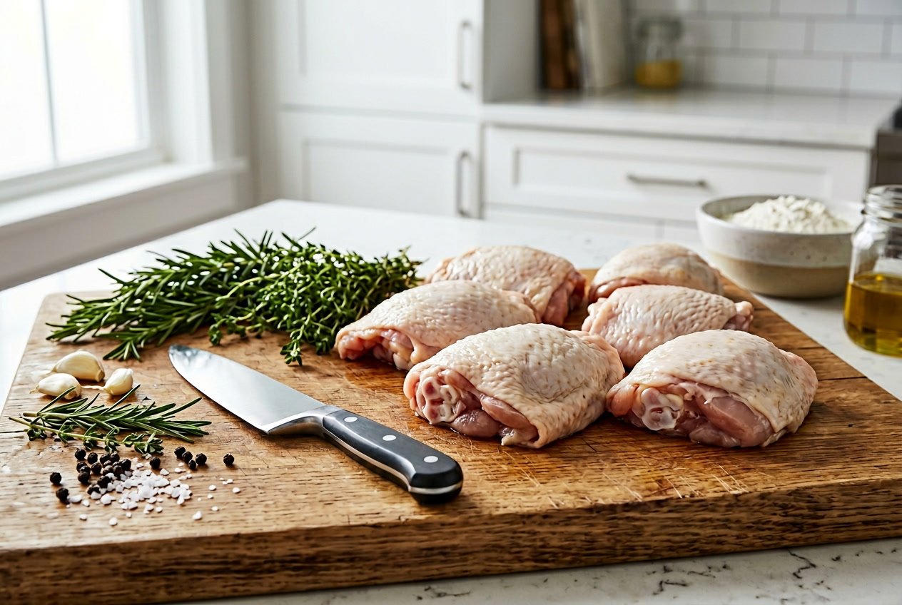 Raw chicken thighs on a wooden cutting board with fresh herbs and a kitchen knife in a clean kitchen setting.