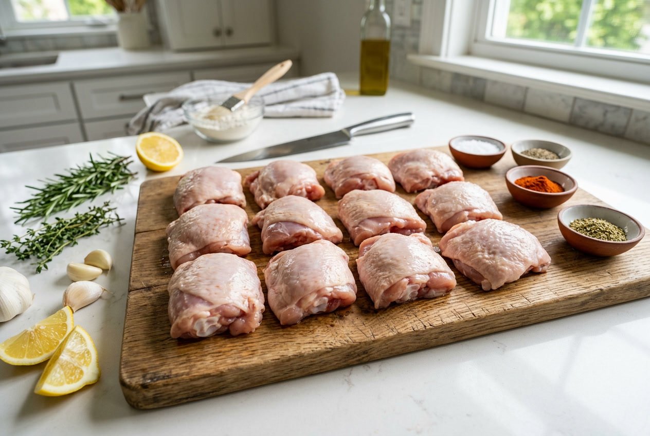 Raw chicken thighs arranged on a wooden cutting board with fresh herbs, garlic, lemon wedges, and spices on a kitchen countertop.