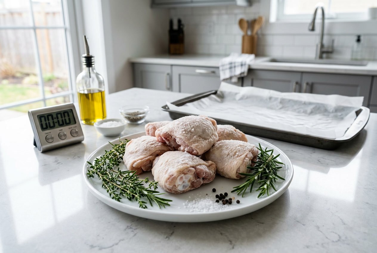 Raw frozen chicken thighs on a plate with fresh herbs on a kitchen countertop, next to a baking tray and oven timer.