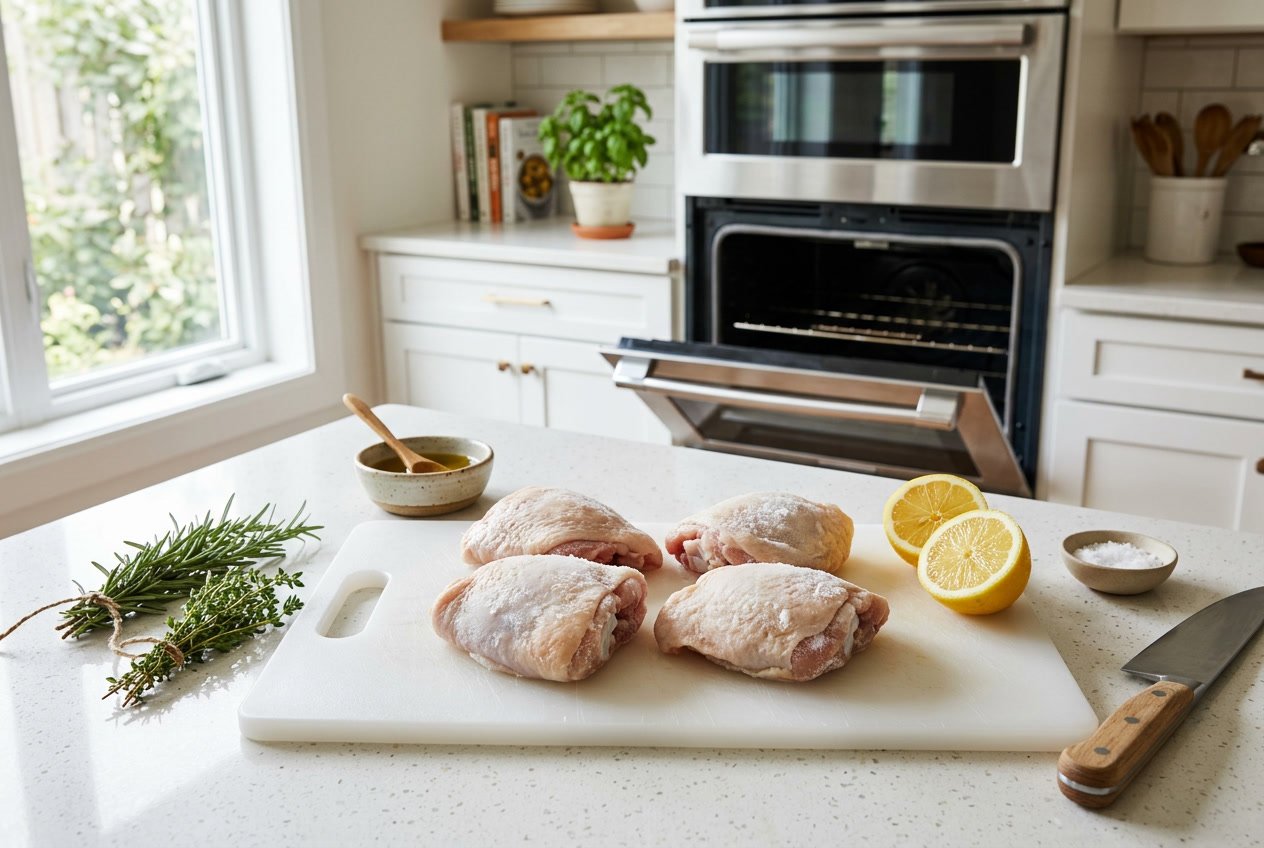 Raw chicken thighs on a cutting board in a kitchen with herbs, lemon, and an open oven in the background.