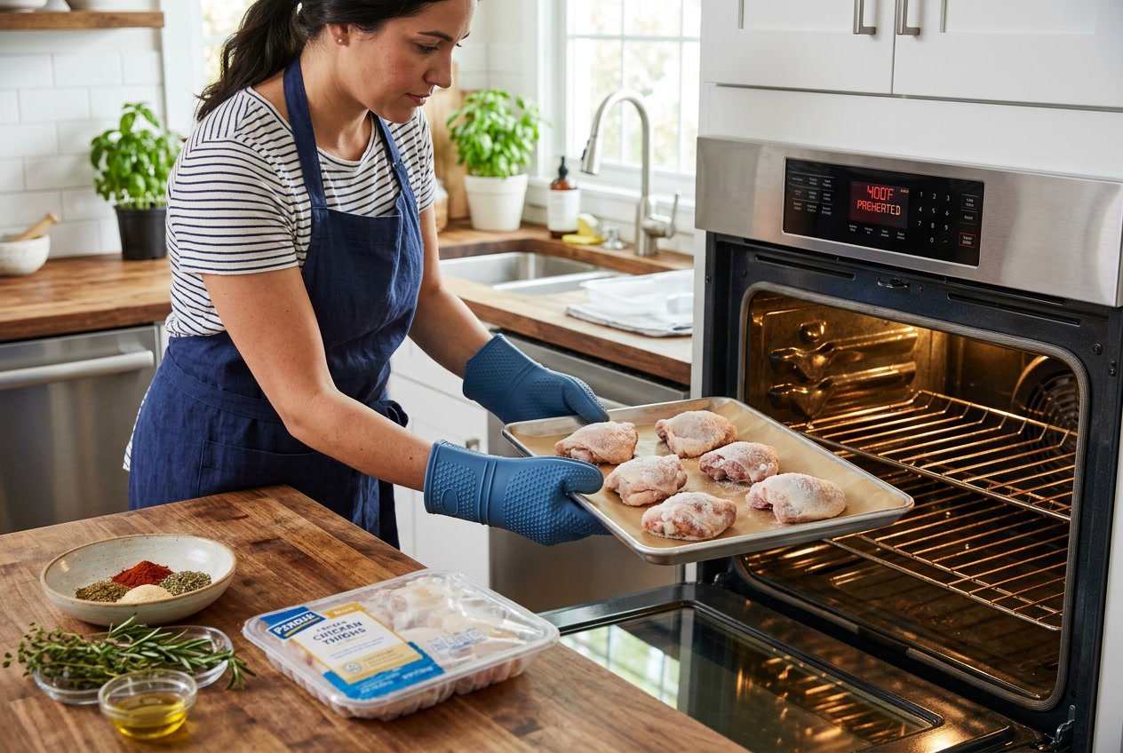 Person placing frozen chicken thighs into an oven in a bright kitchen with fresh herbs and seasoning nearby.