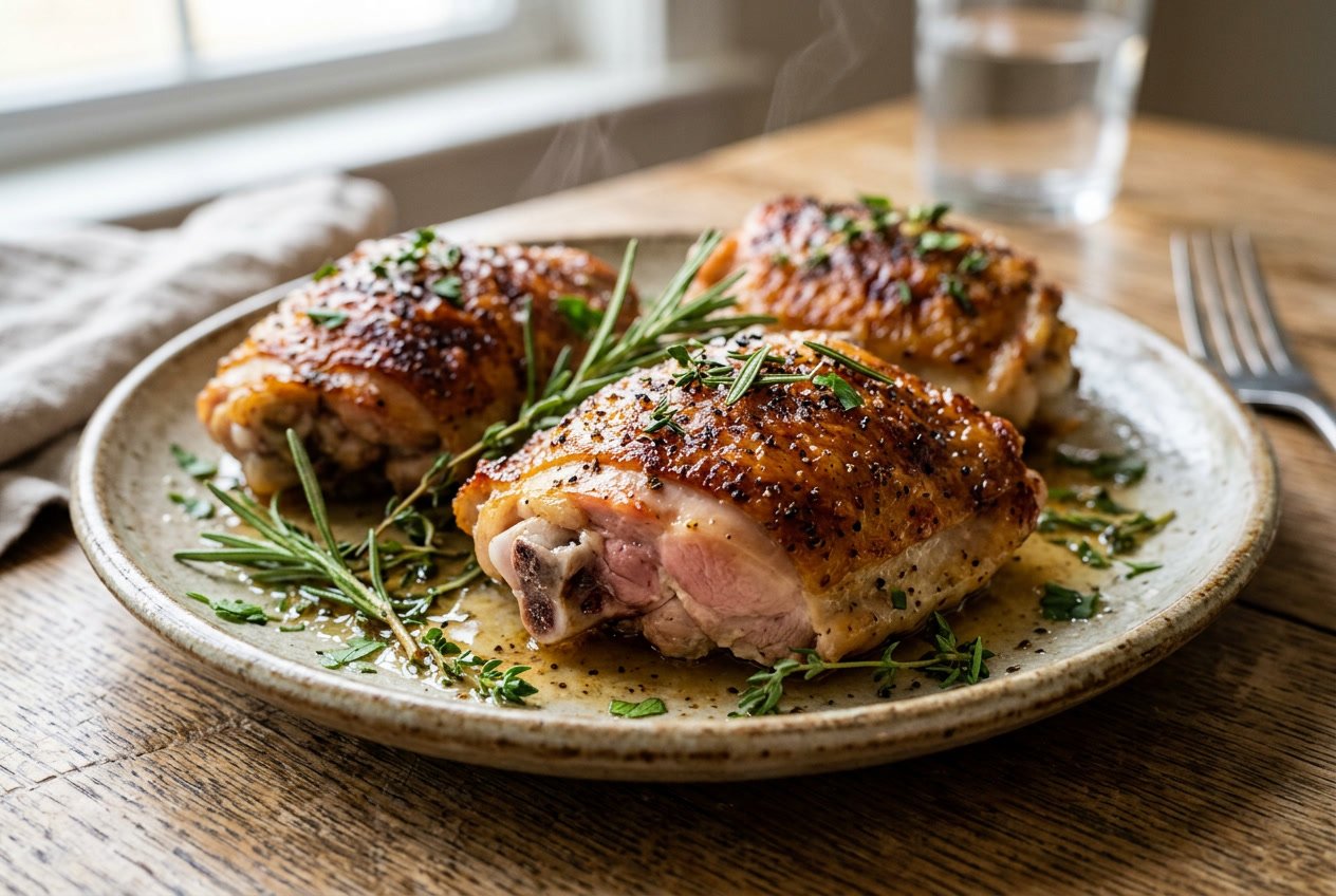 Close-up of cooked chicken thighs on a plate with a slight pink color near the bone, garnished with fresh herbs.