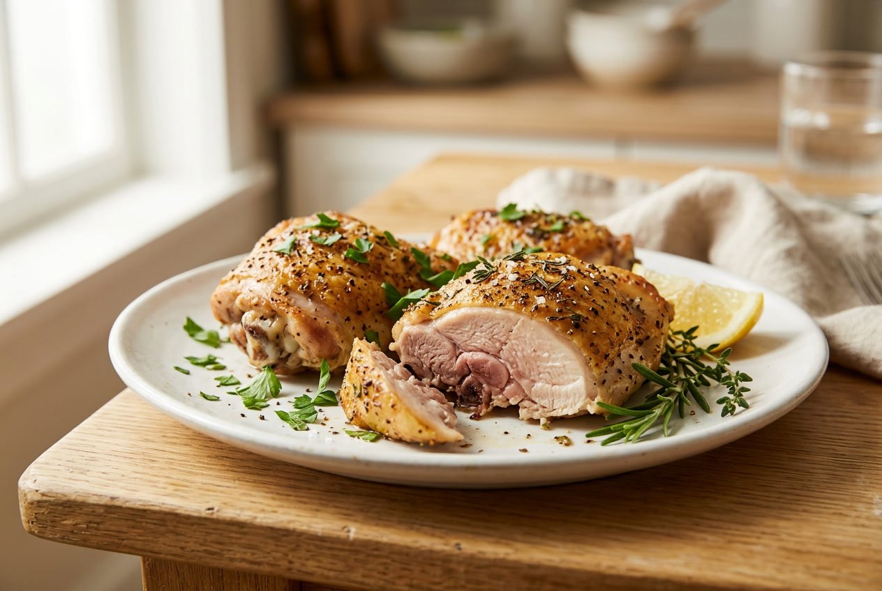 Close-up of cooked chicken thighs with a slight pink color on a white plate garnished with fresh herbs.