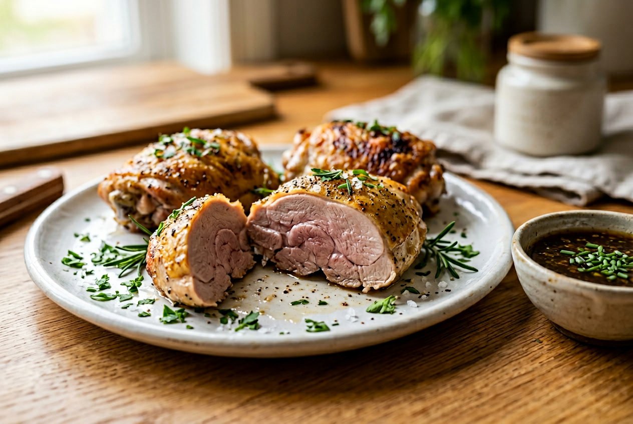 Close-up of sliced cooked chicken thighs on a plate, showing slightly pink interior with fresh herbs and dipping sauce on the side.