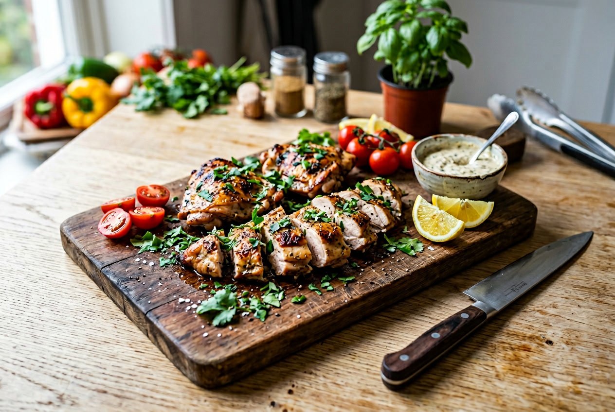 Sliced cooked chicken thighs on a cutting board surrounded by fresh herbs, lemon wedges, and cherry tomatoes.