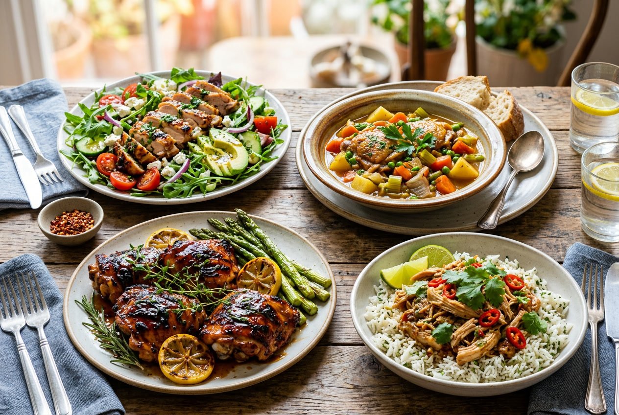 A table displaying several plates of cooked chicken thigh dishes including salad, stew, grilled chicken, and shredded chicken with rice.