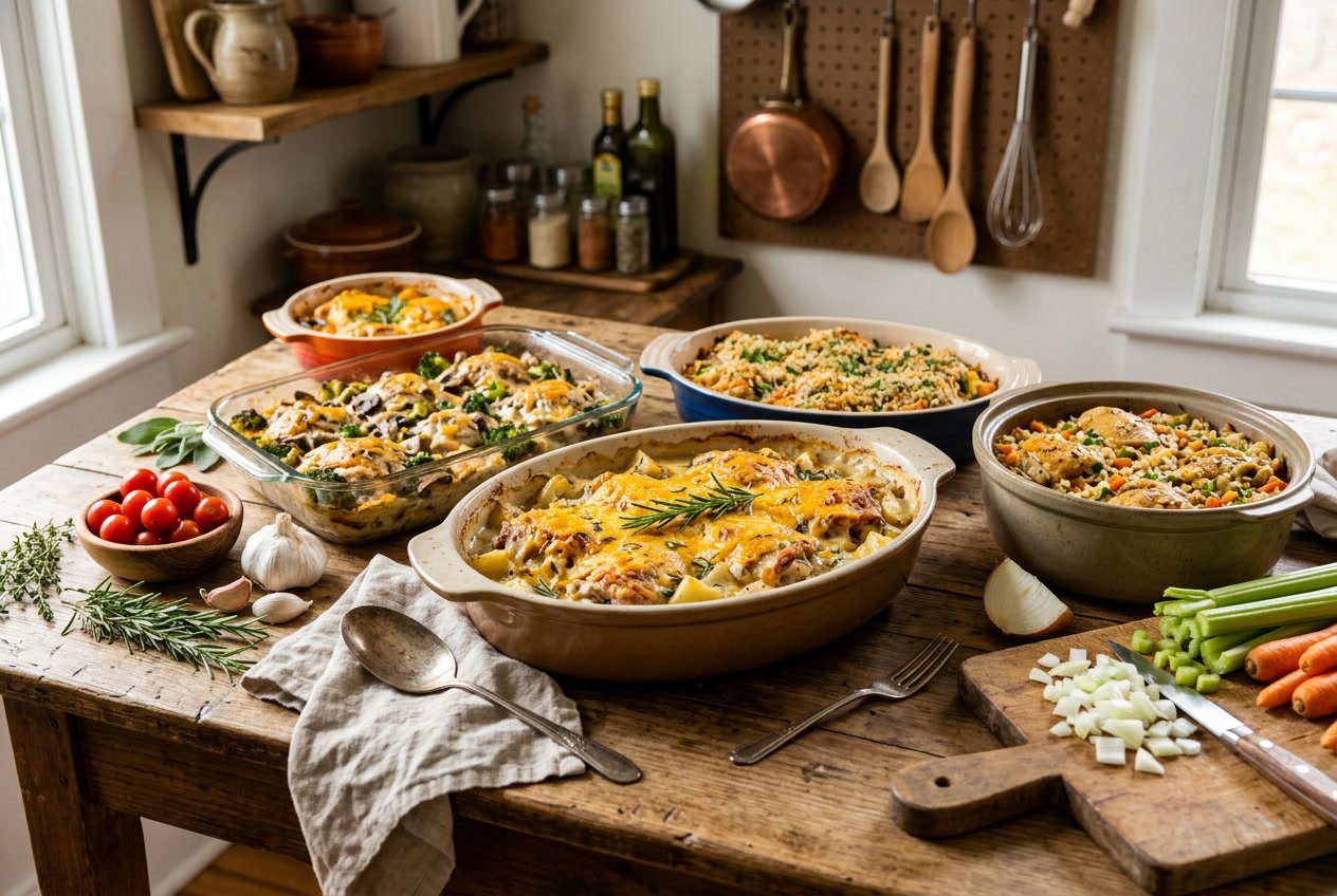 A wooden table with several baked casseroles made from cooked chicken thighs, surrounded by fresh ingredients and kitchen utensils.