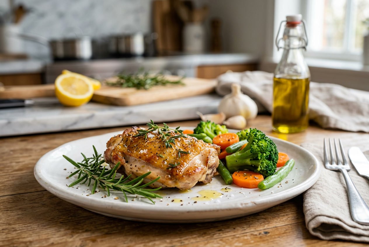 A cooked chicken thigh on a white plate with steamed vegetables in a kitchen setting.