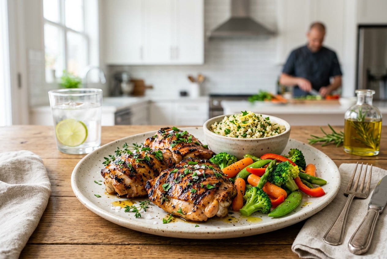 A plate of grilled chicken thighs with steamed vegetables and quinoa on a kitchen table.