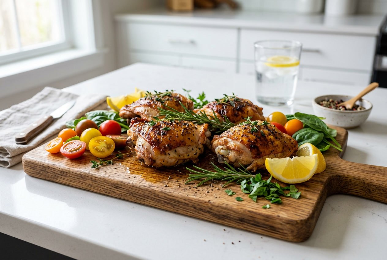 Cooked chicken thighs garnished with herbs on a cutting board surrounded by fresh vegetables in a kitchen setting.