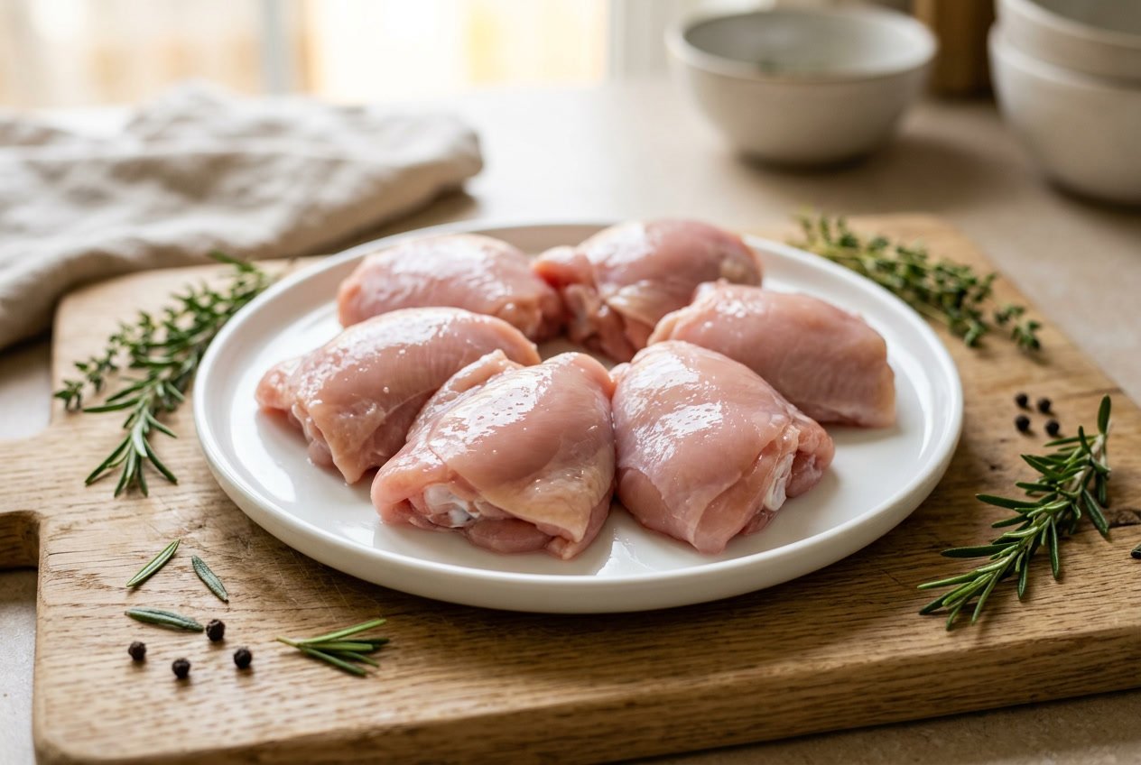 Fresh raw boneless chicken thighs arranged on a white plate with herbs on a wooden cutting board.