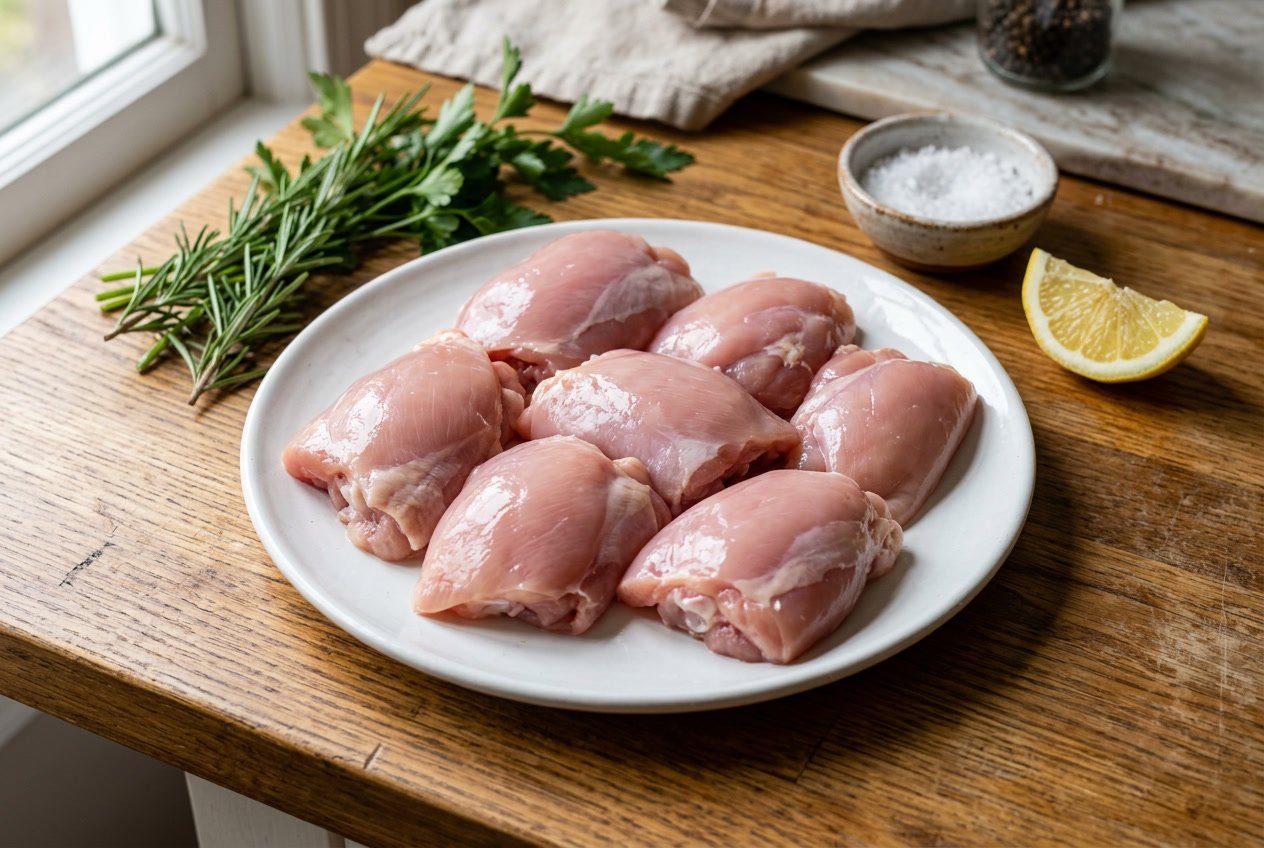 Close-up of fresh boneless chicken thighs arranged on a white plate with herbs and lemon on a wooden countertop.