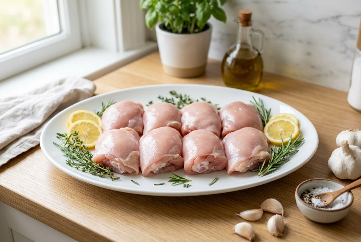 A platter of fresh boneless chicken thighs with herbs and lemon slices on a kitchen countertop.