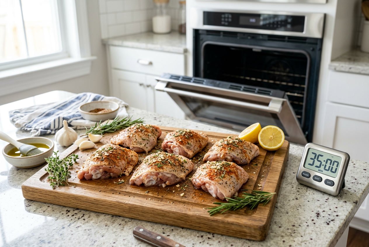 Raw chicken thighs seasoned on a cutting board next to a kitchen timer and an open oven in a kitchen.