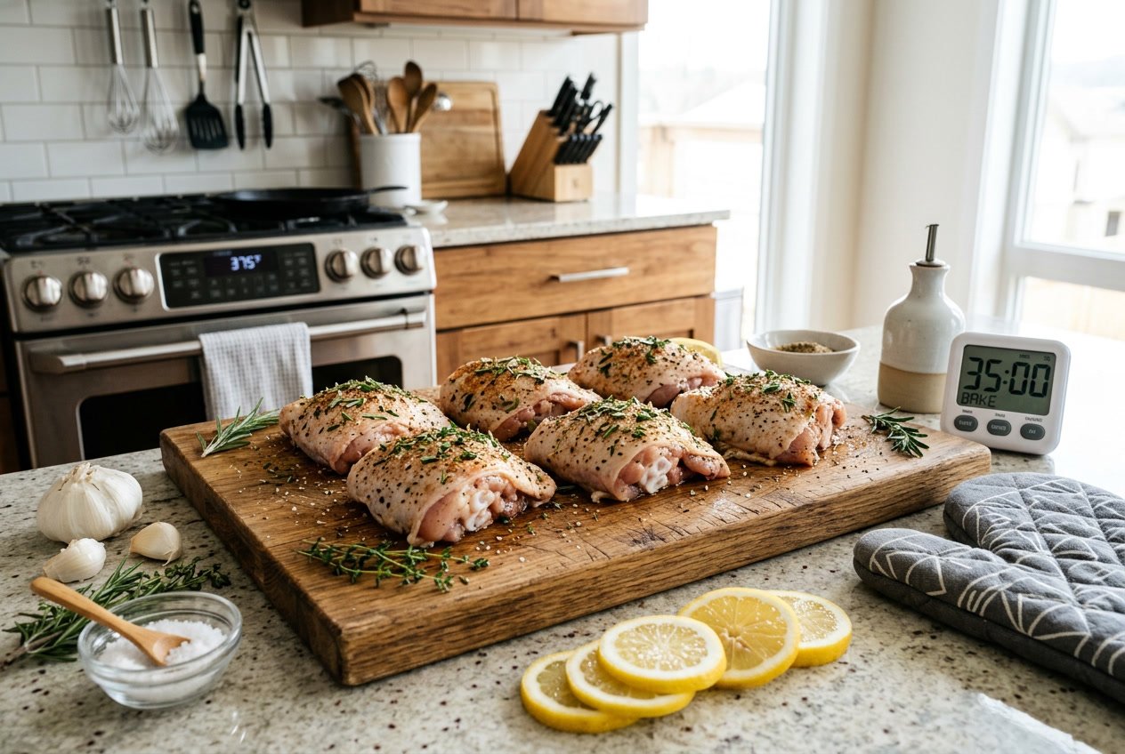 Raw seasoned chicken thighs on a cutting board with fresh herbs and kitchen tools in a kitchen.
