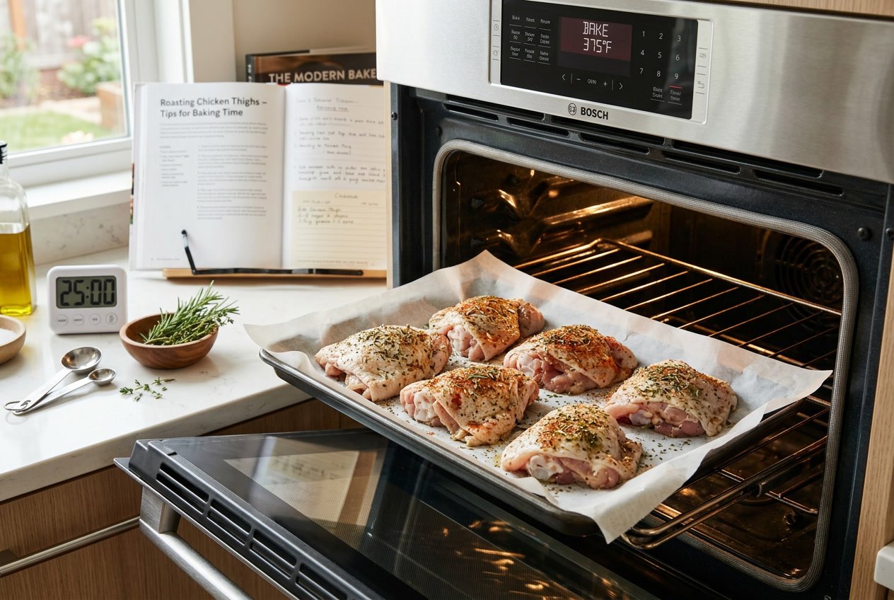 Close-up of raw seasoned chicken thighs on a baking tray inside an open oven with kitchen tools and fresh herbs nearby.