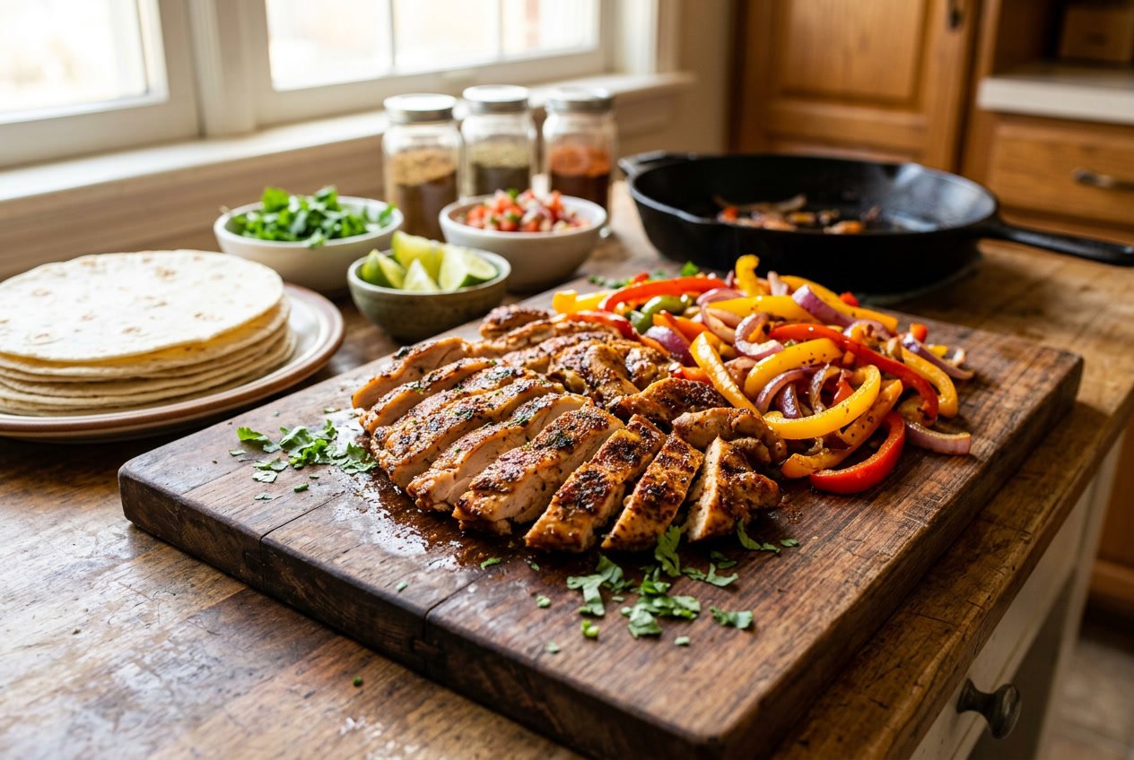 Sliced cooked chicken thighs with sautéed bell peppers and onions on a wooden cutting board next to tortillas and fresh lime wedges.