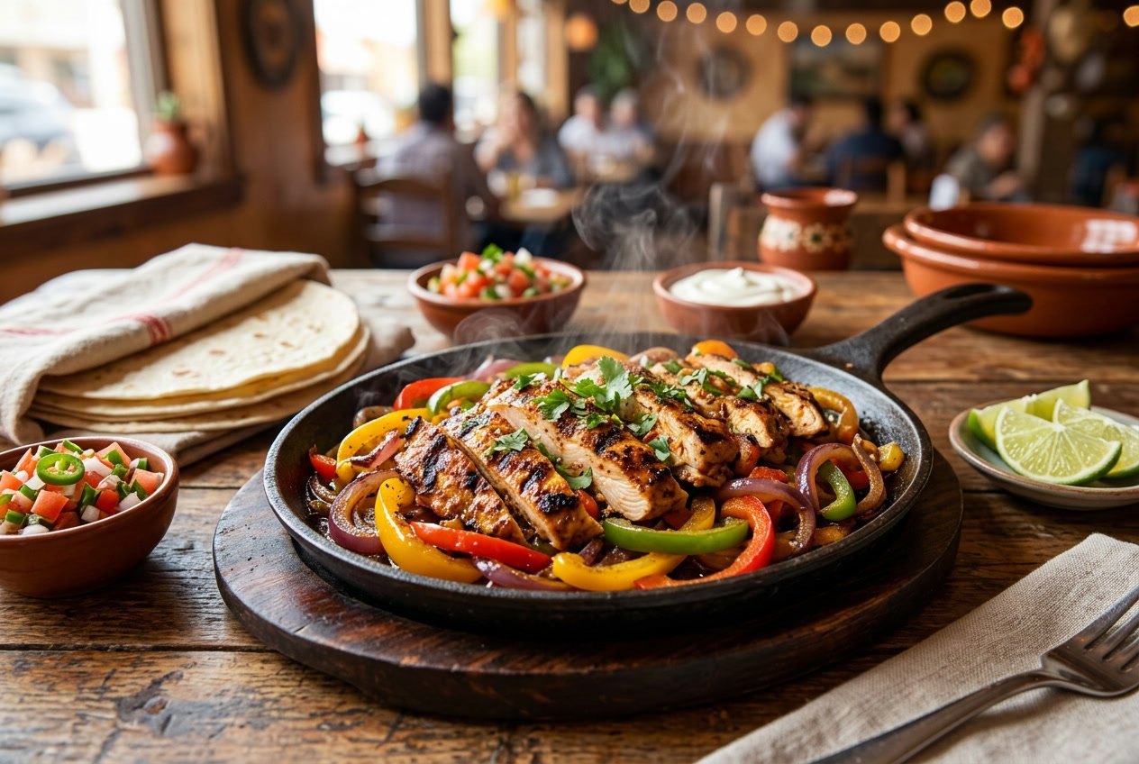 A close-up of sliced grilled chicken thighs with sautéed bell peppers and onions on a sizzling skillet, accompanied by lime wedges and flour tortillas.
