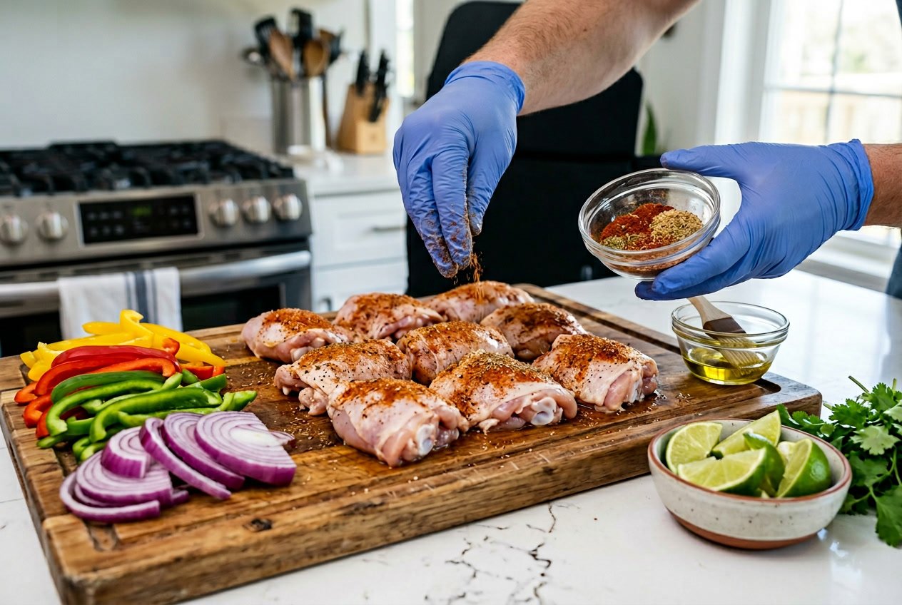 Hands seasoning raw chicken thighs on a cutting board surrounded by sliced bell peppers, onions, and lime wedges.