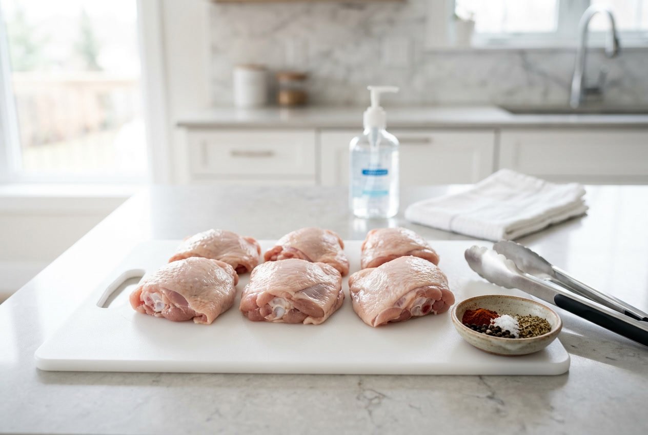 Raw chicken thighs on a white cutting board in a bright kitchen with spices and kitchen tools nearby.